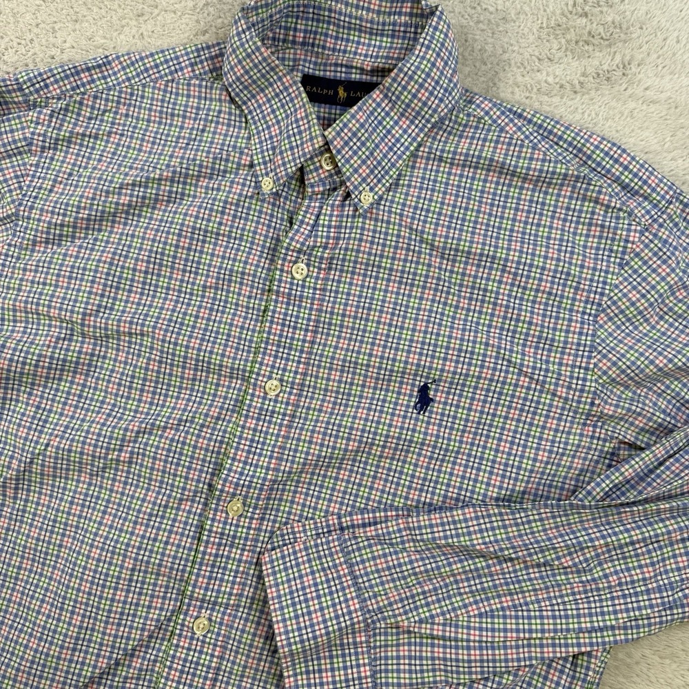 Polo Ralph Lauren Shirt Men Medium Blue Check Long Sleeve Button Down Pony